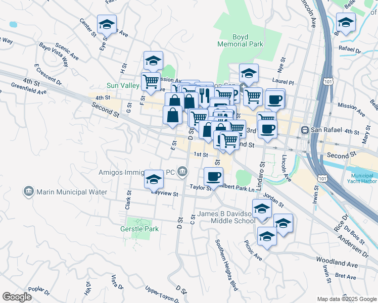 map of restaurants, bars, coffee shops, grocery stores, and more near 712 D Street in San Rafael