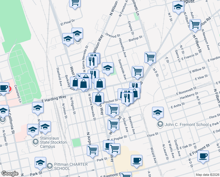 map of restaurants, bars, coffee shops, grocery stores, and more near in Stockton