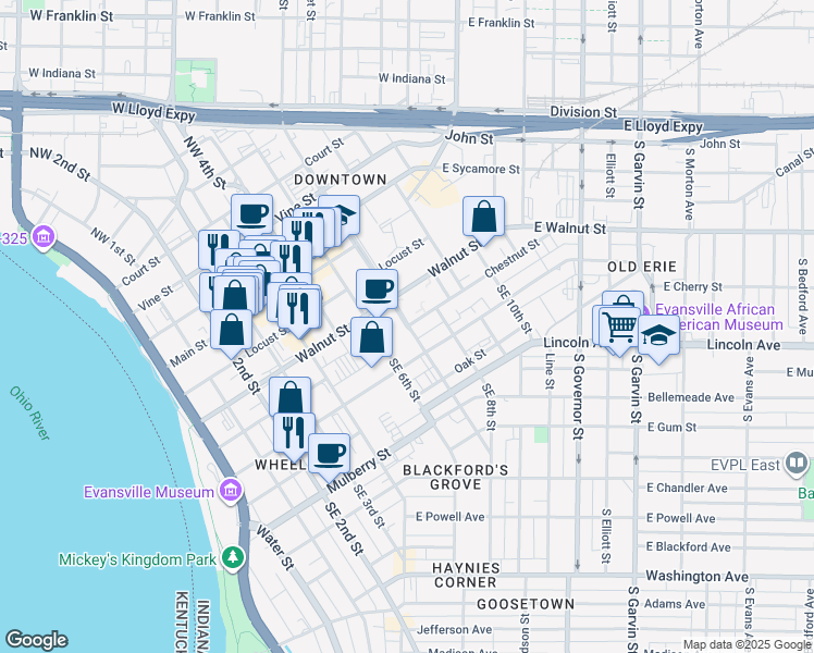 map of restaurants, bars, coffee shops, grocery stores, and more near Chestnut Street in Evansville