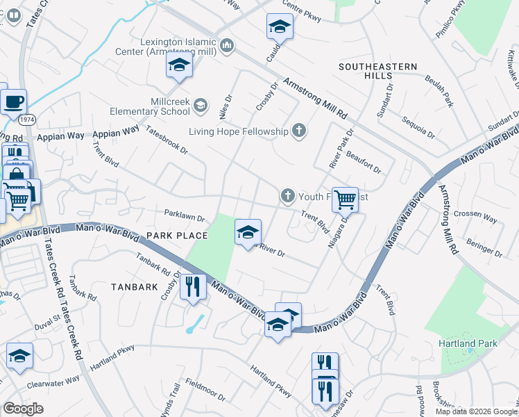 map of restaurants, bars, coffee shops, grocery stores, and more near 1246 Trent Boulevard in Lexington