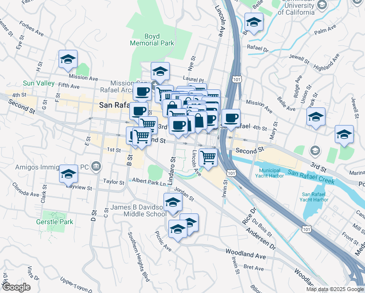 map of restaurants, bars, coffee shops, grocery stores, and more near 790 Lindaro Street in San Rafael