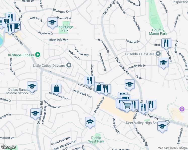 map of restaurants, bars, coffee shops, grocery stores, and more near 2621 Larch Way in Antioch