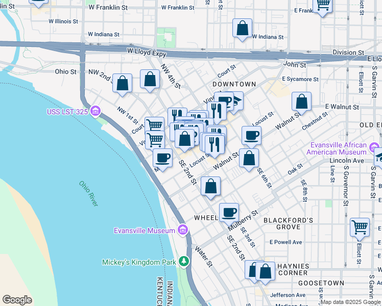 map of restaurants, bars, coffee shops, grocery stores, and more near 227 Main Street in Evansville