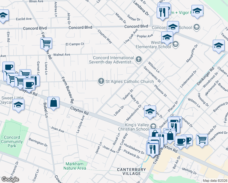 map of restaurants, bars, coffee shops, grocery stores, and more near 1579 West Street in Concord