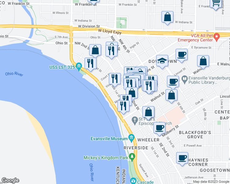 map of restaurants, bars, coffee shops, grocery stores, and more near 100 Northwest 1st Street in Evansville