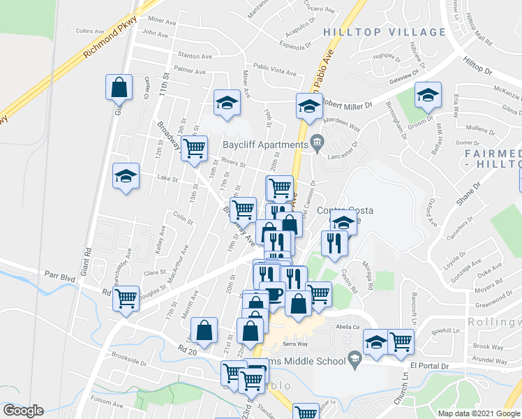 map of restaurants, bars, coffee shops, grocery stores, and more near 20th St & Lake St in San Pablo