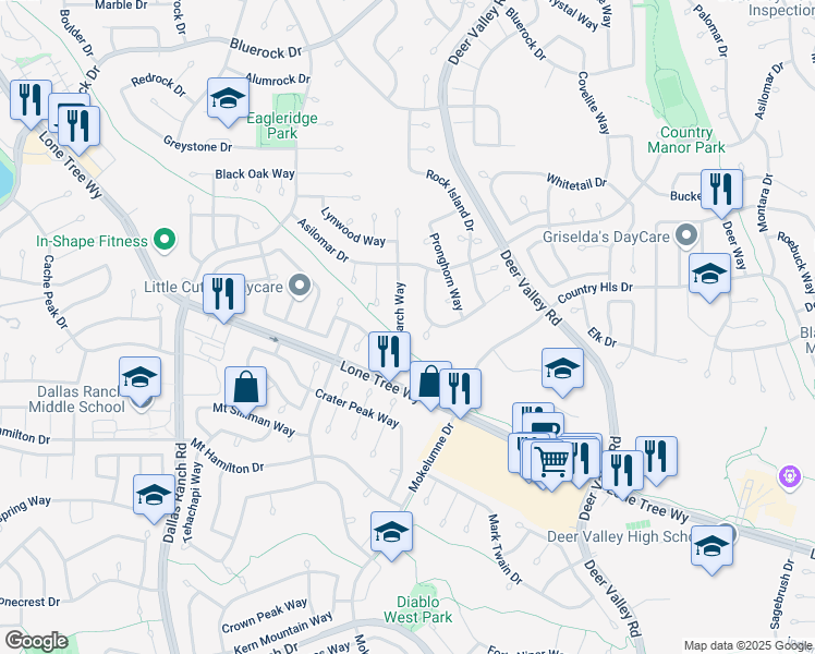 map of restaurants, bars, coffee shops, grocery stores, and more near 2621 Larch Way in Antioch