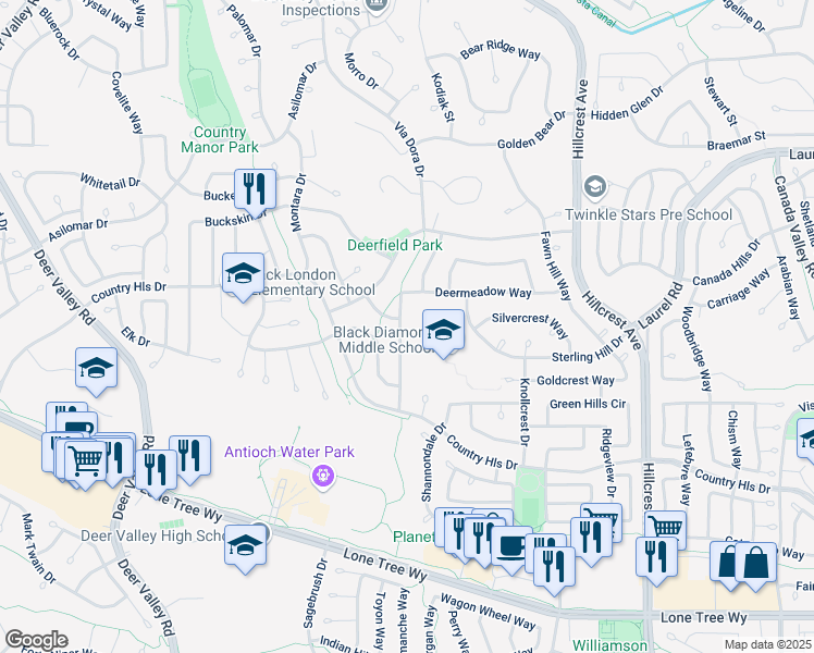 map of restaurants, bars, coffee shops, grocery stores, and more near 4540 Wolf Way in Antioch
