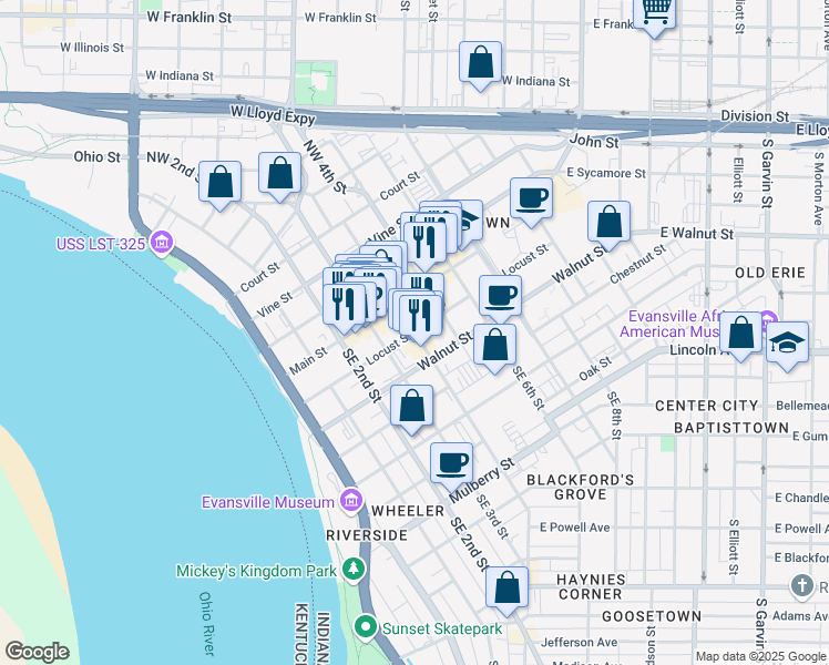 map of restaurants, bars, coffee shops, grocery stores, and more near 101 Southeast 4th Street in Evansville