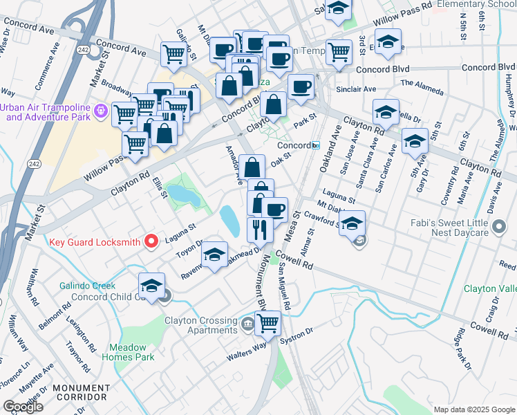map of restaurants, bars, coffee shops, grocery stores, and more near 1335 Galindo Street in Concord