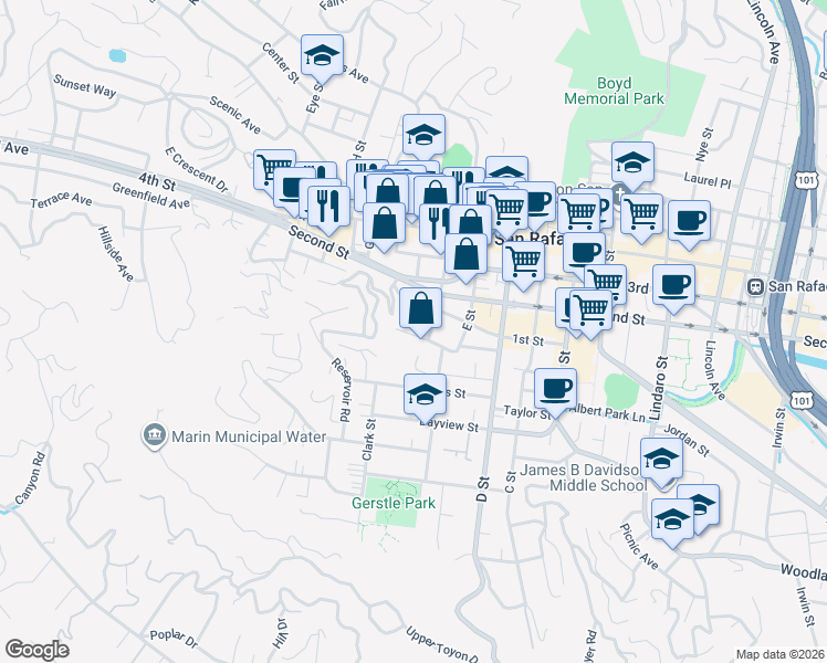 map of restaurants, bars, coffee shops, grocery stores, and more near 4 Jones Place in San Rafael