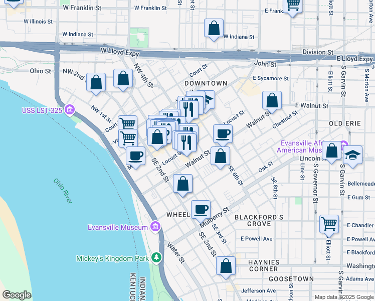 map of restaurants, bars, coffee shops, grocery stores, and more near 405 Main Street in Evansville