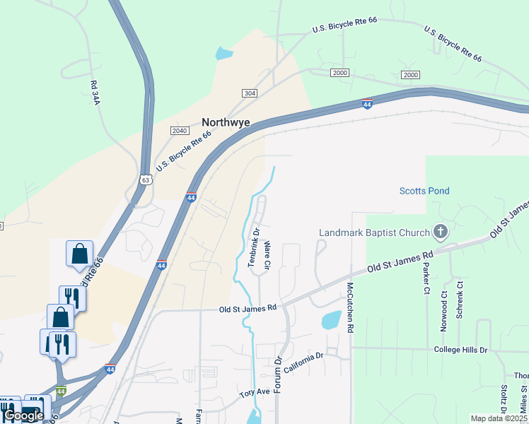 map of restaurants, bars, coffee shops, grocery stores, and more near 2231 Tenbrink Drive in Rolla