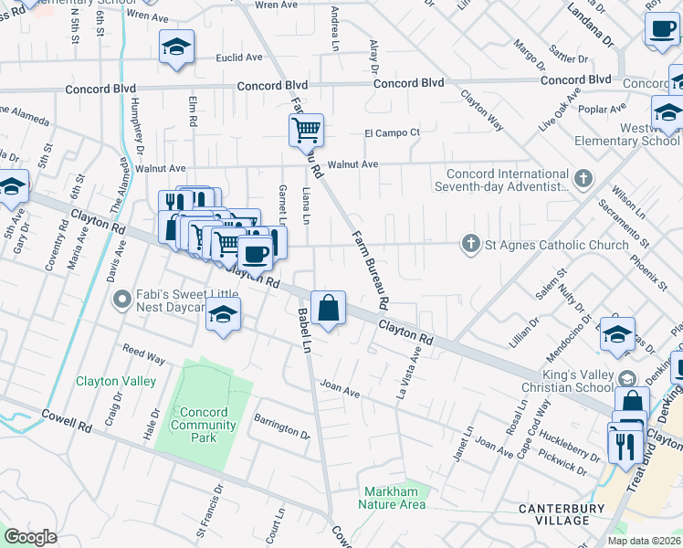 map of restaurants, bars, coffee shops, grocery stores, and more near 3641 Clayton Road in Concord