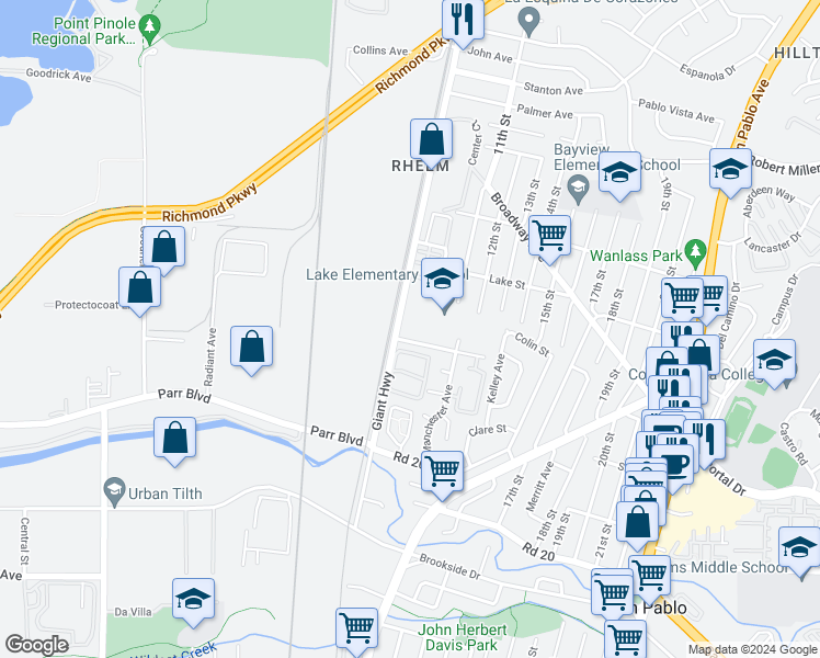 map of restaurants, bars, coffee shops, grocery stores, and more near 2680 Giant Road in San Pablo