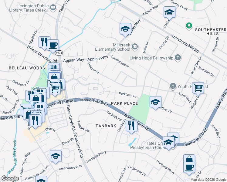 map of restaurants, bars, coffee shops, grocery stores, and more near 1105 Narrow Lane in Lexington