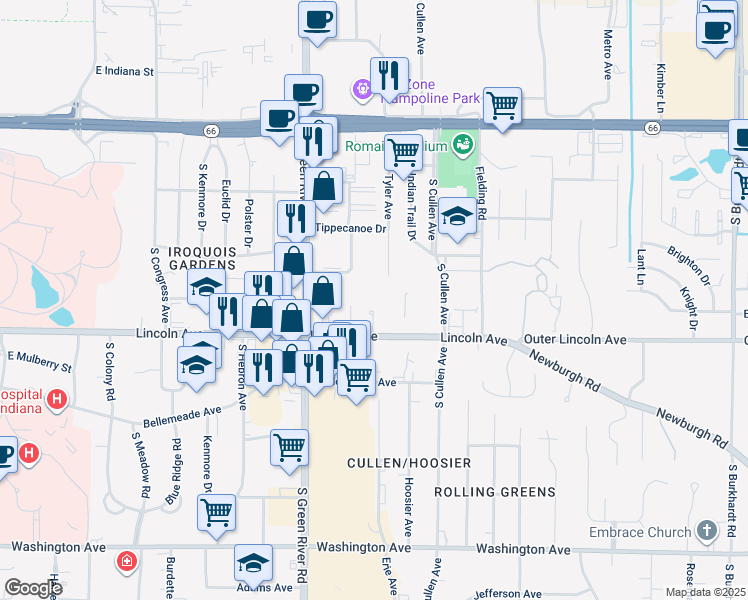 map of restaurants, bars, coffee shops, grocery stores, and more near 5050 Lincoln Avenue in Evansville