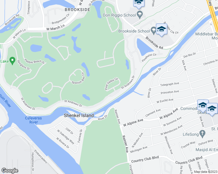 map of restaurants, bars, coffee shops, grocery stores, and more near 4682 Pine Valley Circle in Stockton