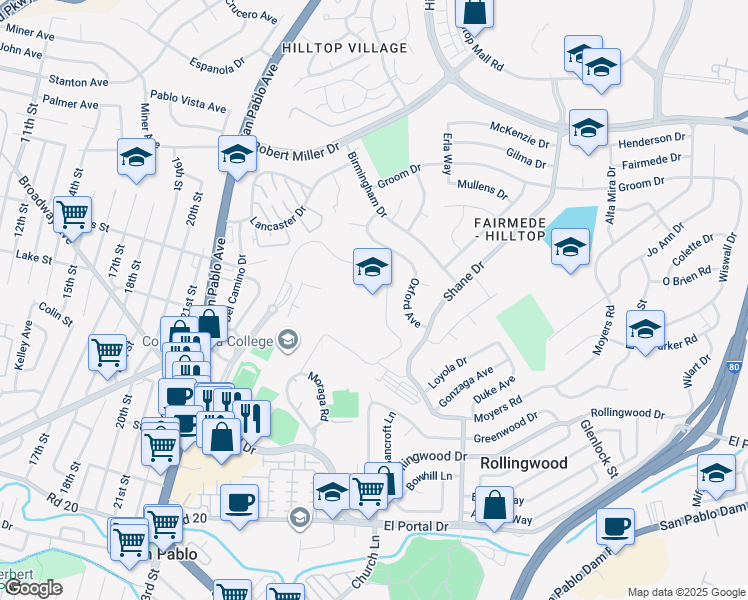 map of restaurants, bars, coffee shops, grocery stores, and more near 2600 Mission Bell Drive in San Pablo