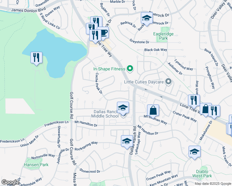 map of restaurants, bars, coffee shops, grocery stores, and more near 4836 Belford Peak Way in Antioch