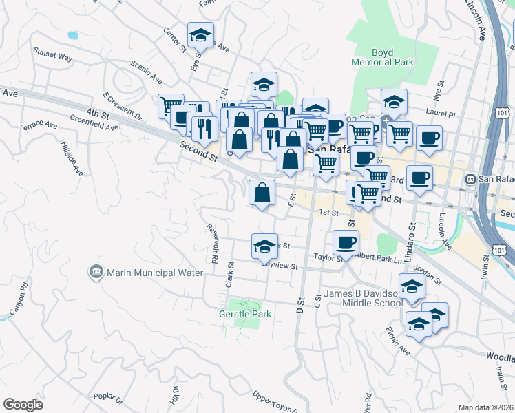 map of restaurants, bars, coffee shops, grocery stores, and more near 4 Jones Place in San Rafael