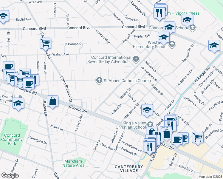 map of restaurants, bars, coffee shops, grocery stores, and more near 1579 West Street in Concord