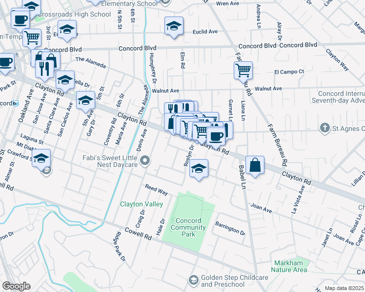 map of restaurants, bars, coffee shops, grocery stores, and more near 3407 Del Chiaro Way in Concord