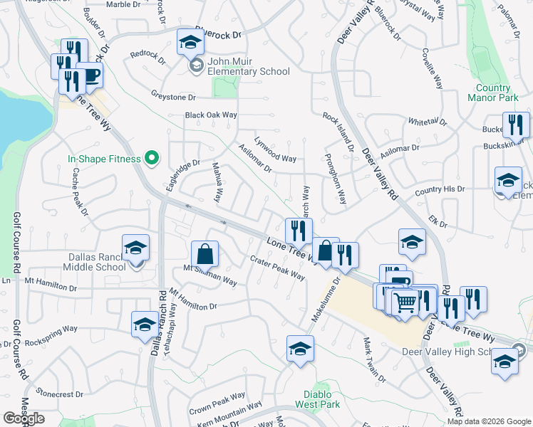 map of restaurants, bars, coffee shops, grocery stores, and more near 2096 Goldpine Way in Antioch