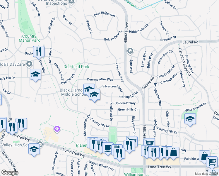 map of restaurants, bars, coffee shops, grocery stores, and more near 4529 Silvercrest Way in Antioch