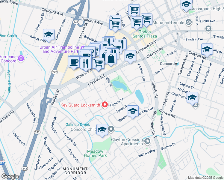 map of restaurants, bars, coffee shops, grocery stores, and more near 1731 Ellis Street in Concord