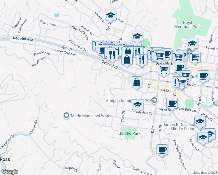 map of restaurants, bars, coffee shops, grocery stores, and more near 152 Reservoir Road in San Rafael