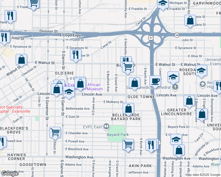 map of restaurants, bars, coffee shops, grocery stores, and more near 517 South Bedford Avenue in Evansville