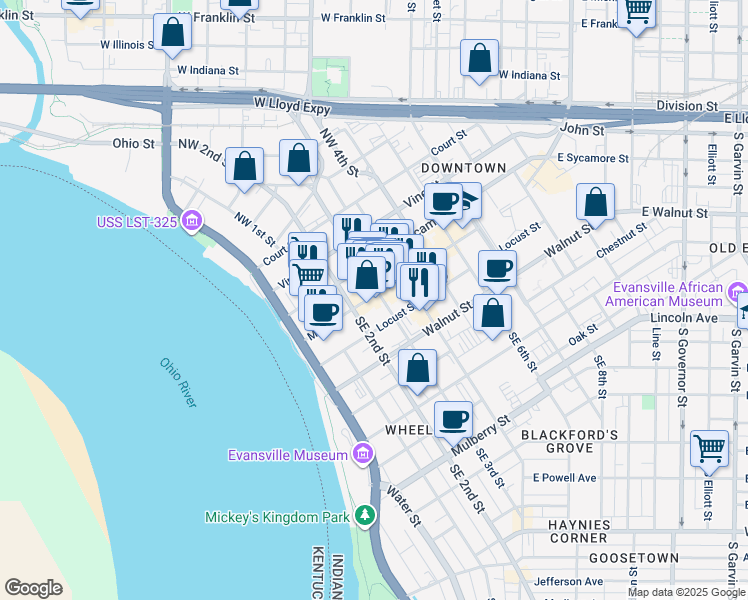 map of restaurants, bars, coffee shops, grocery stores, and more near 223 Main Street in Evansville