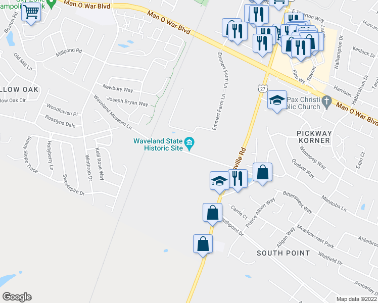 map of restaurants, bars, coffee shops, grocery stores, and more near 225 Waveland Museum Lane in Lexington