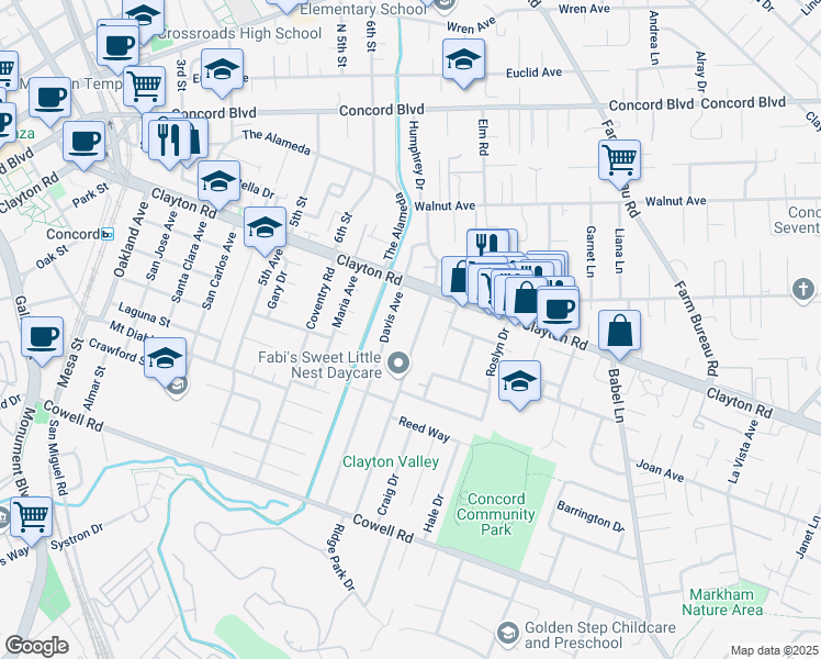 map of restaurants, bars, coffee shops, grocery stores, and more near 1455 Grove Way in Hayward