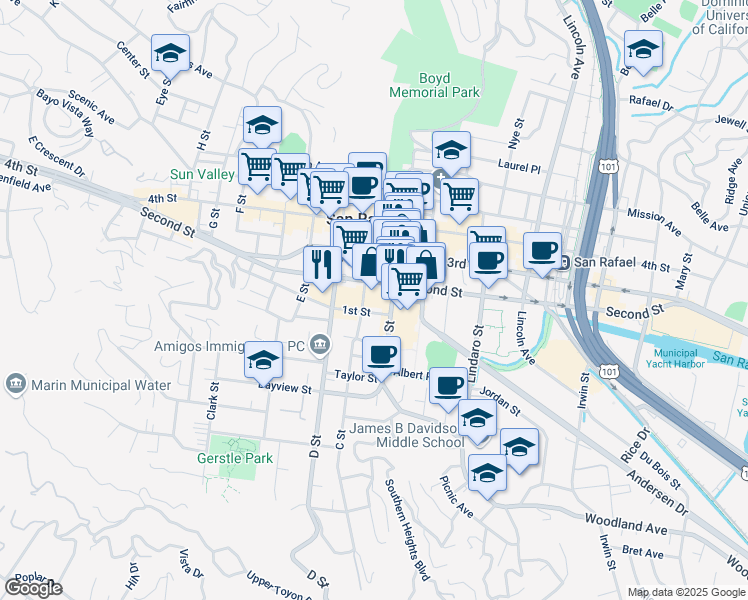 map of restaurants, bars, coffee shops, grocery stores, and more near 714 B Street in San Rafael