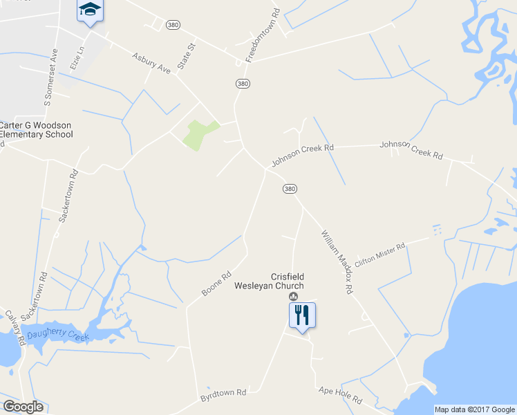 map of restaurants, bars, coffee shops, grocery stores, and more near 3217 Boone Road in Crisfield