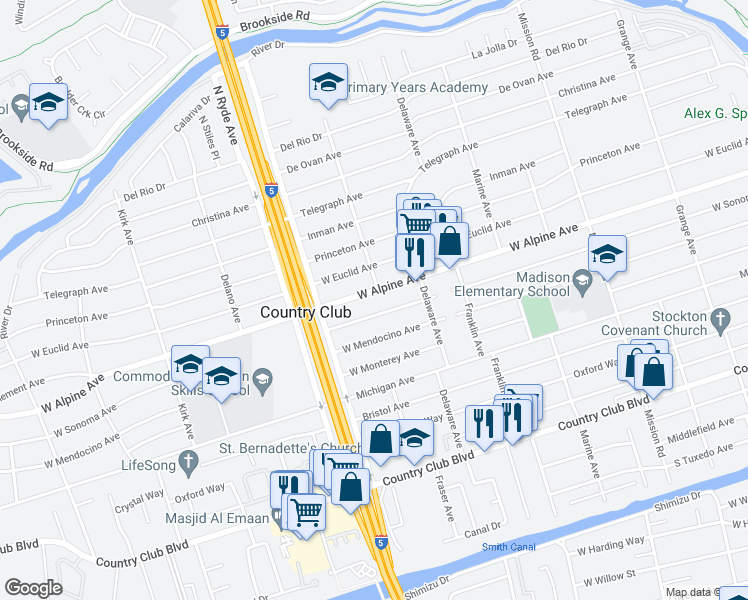 map of restaurants, bars, coffee shops, grocery stores, and more near 2426 West Alpine Avenue in Stockton