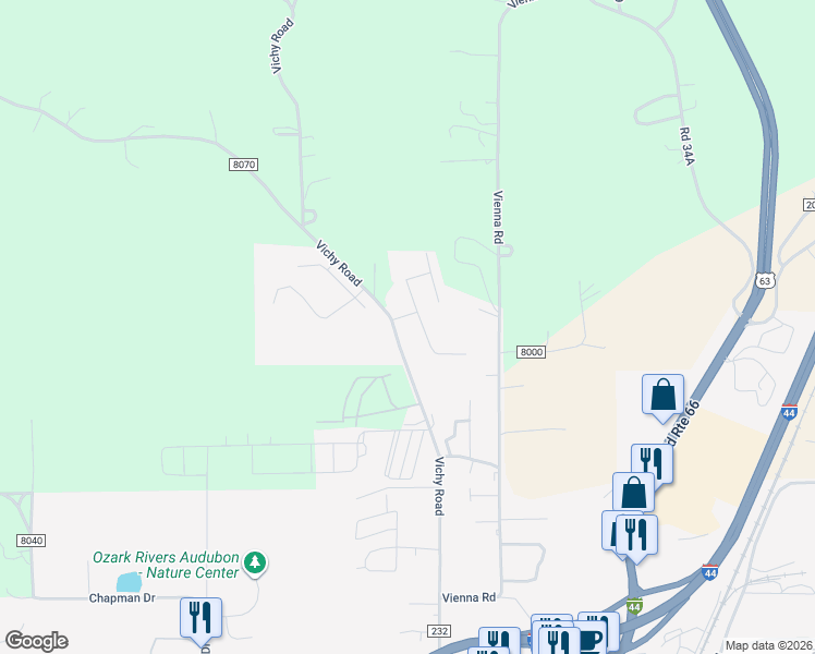 map of restaurants, bars, coffee shops, grocery stores, and more near 2608 Vichy Road in Rolla