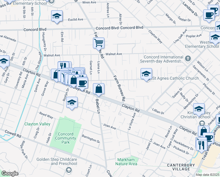 map of restaurants, bars, coffee shops, grocery stores, and more near 3641 Clayton Road in Concord