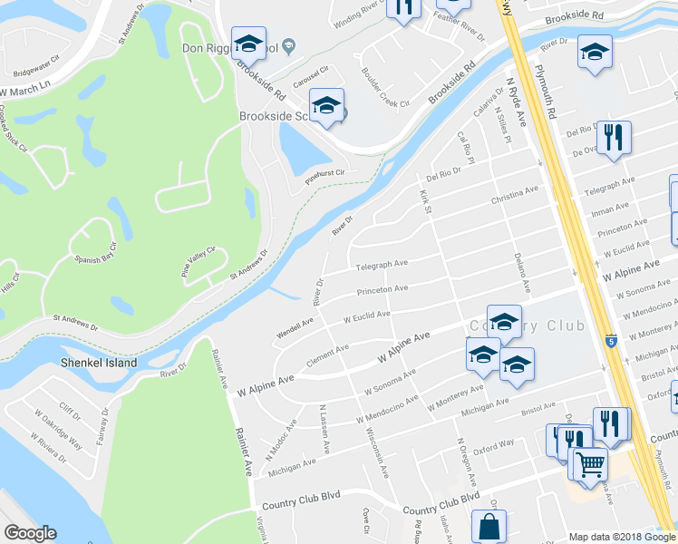 map of restaurants, bars, coffee shops, grocery stores, and more near 3357 West Telegraph Avenue in Stockton