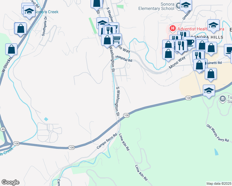 map of restaurants, bars, coffee shops, grocery stores, and more near 1130 South Washington Street in Sonora