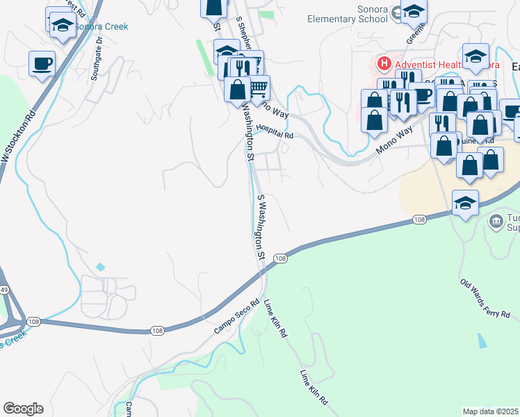 map of restaurants, bars, coffee shops, grocery stores, and more near 1023 South Washington Street in Sonora