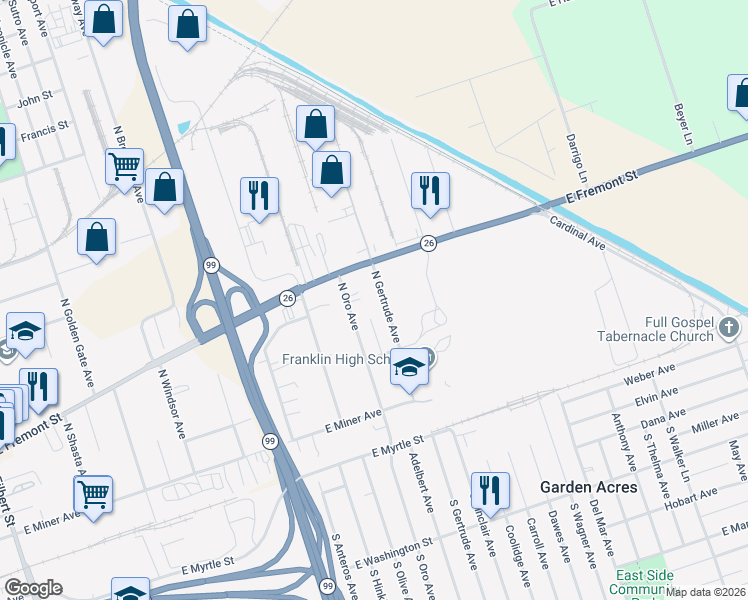 map of restaurants, bars, coffee shops, grocery stores, and more near 656 North Gertrude Avenue in Stockton