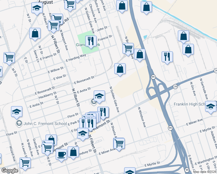 map of restaurants, bars, coffee shops, grocery stores, and more near 948 North Golden Gate Avenue in Stockton