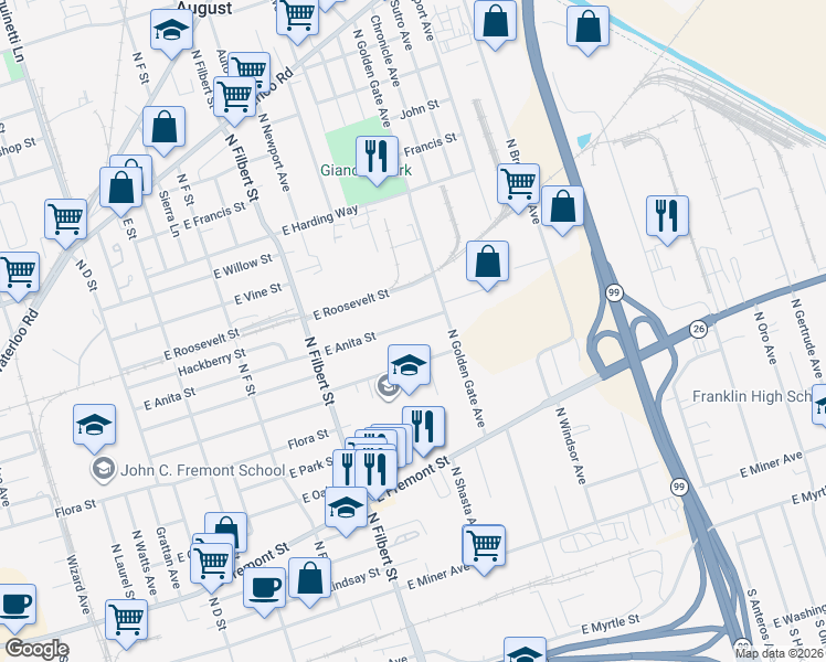 map of restaurants, bars, coffee shops, grocery stores, and more near 2902 East Anita Street in Stockton