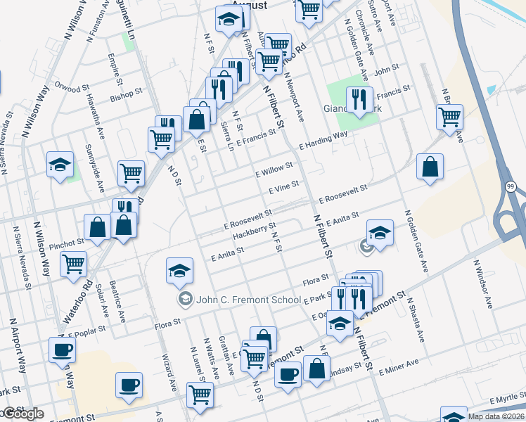 map of restaurants, bars, coffee shops, grocery stores, and more near 1115 North F Street in Stockton
