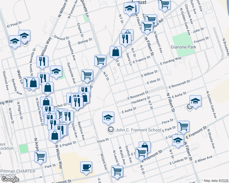 map of restaurants, bars, coffee shops, grocery stores, and more near 1216 North D Street in Stockton