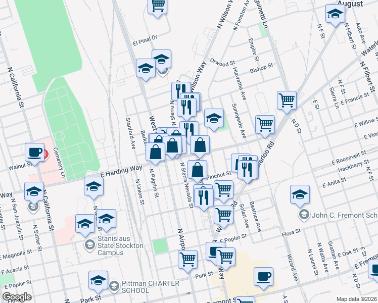 map of restaurants, bars, coffee shops, grocery stores, and more near 1532 North Sierra Nevada Street in Stockton