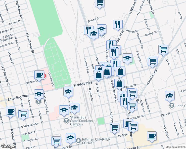 map of restaurants, bars, coffee shops, grocery stores, and more near 1620 Berkeley Avenue in Stockton